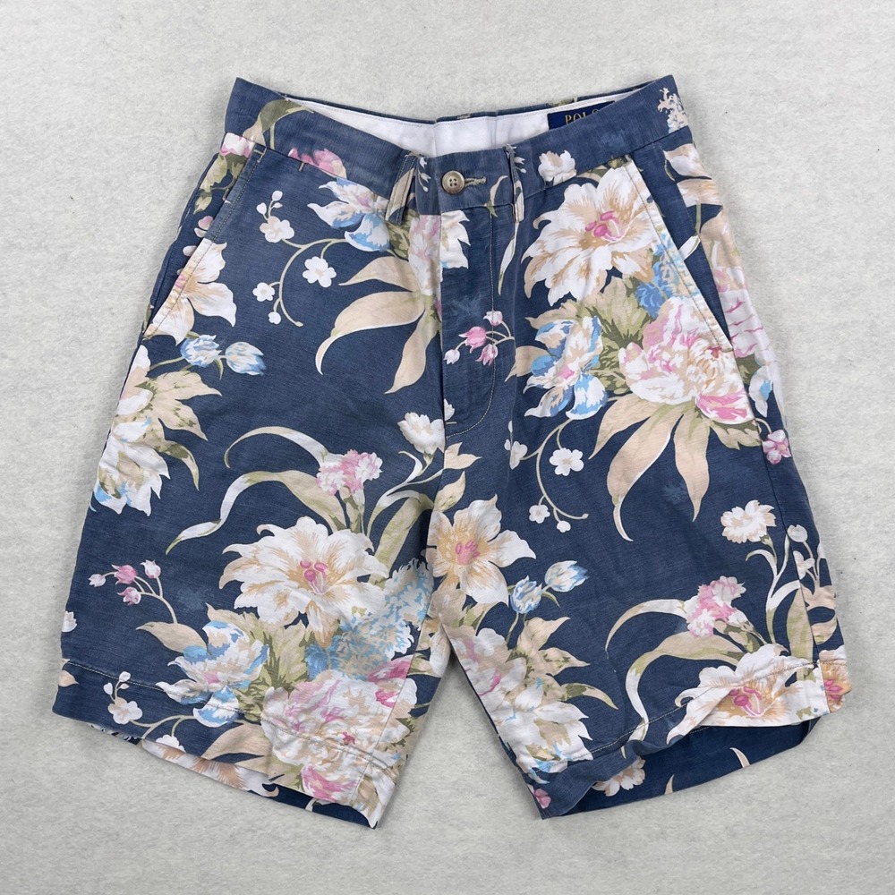 Polo Ralph Lauren Mens 30 Classic Fit 9 Floral Linen Cotton Shorts Blue Tropical